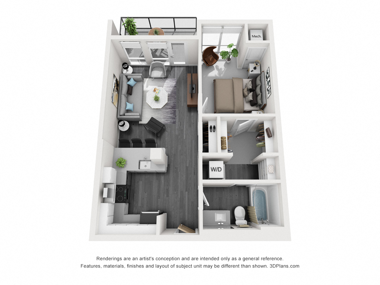Floor plan for 1 bed, 1 bath, 669 sqft